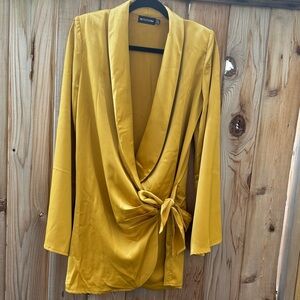 PrettyLittleThing Yellow Satin Long Sleeve Dress